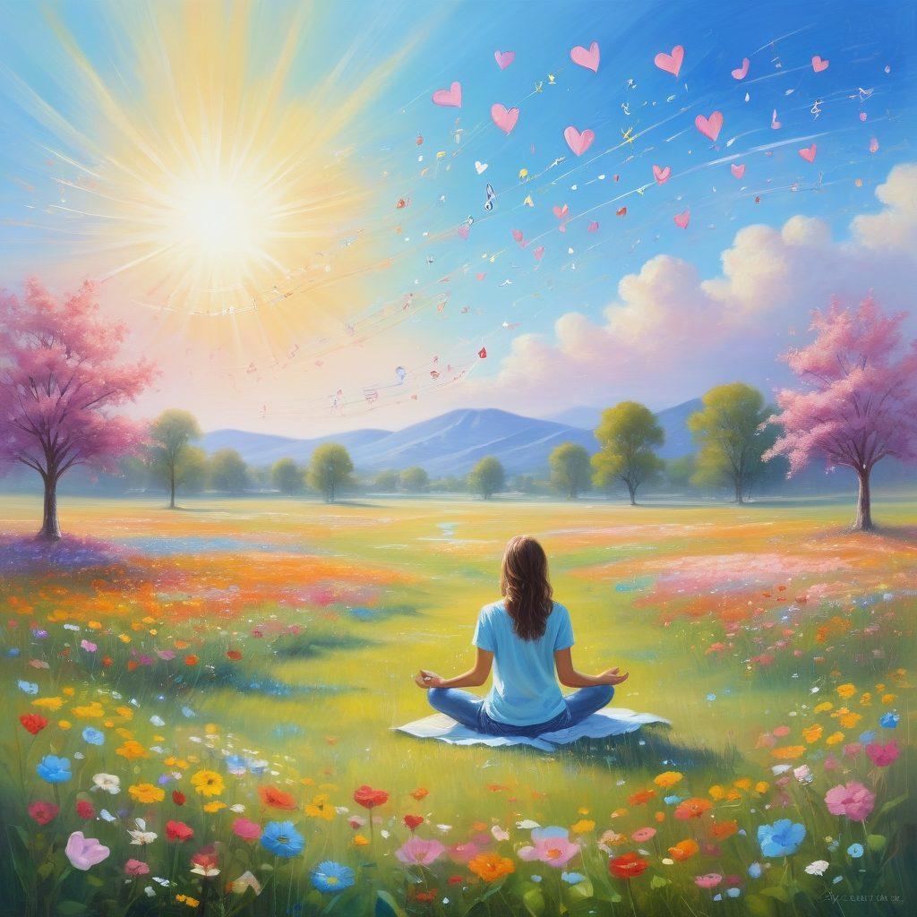 A serene landscape depicting a vibrant meadow filled with blooming flowers under a bright blue sky. In the foreground, a joyful person sits cross-legged, surrounded by floating symbols of happiness like hearts and music notes. Radiating light beams symbolize the unlocking of secrets to a blissful life. Dreamy, pastel colors enhance the uplifting mood. painting. soft focus.