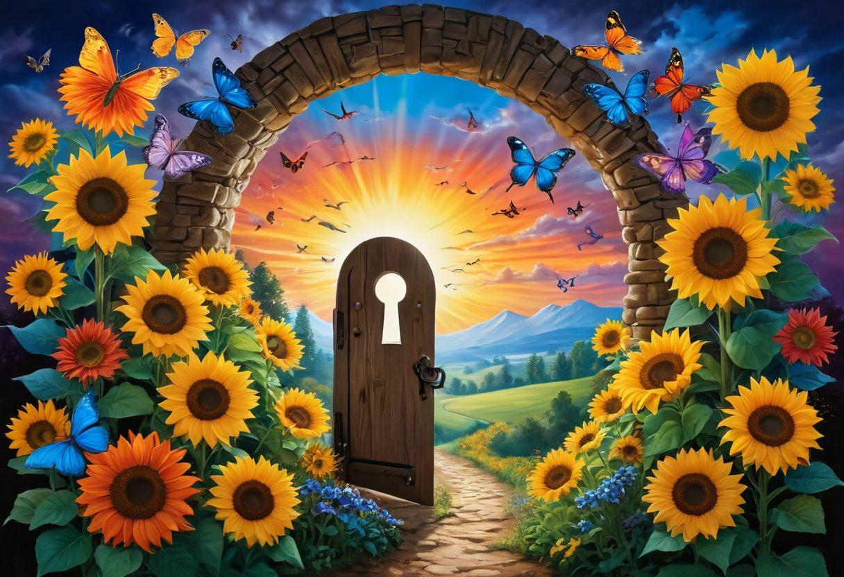 A radiant, open keyhole glowing with vibrant colors, revealing a whimsical landscape filled with cheerful sunflowers, smiling clouds, and colorful butterflies dancing around. Include a joyful figure holding the key, symbolizing happiness and enlightenment, in a serene, uplifting atmosphere. super-realistic. vibrant colors. whimsical style.