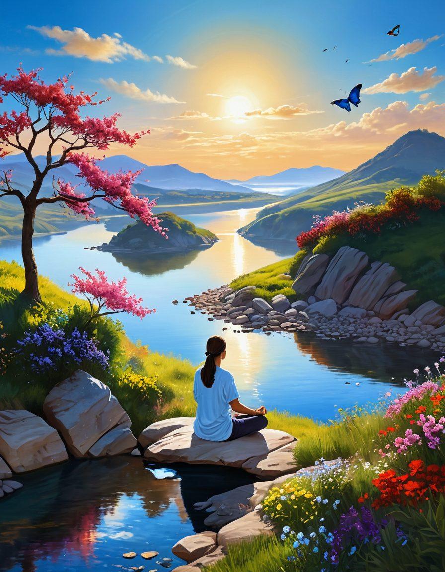 A serene landscape featuring a person meditating on a vibrant hilltop, surrounded by blooming flowers and a clear blue sky. In the background, a gentle river flows, reflecting the warmth of the sun. Incorporate elements of joy like butterflies and soft, glowing light to symbolize happiness. The scene should evoke a sense of peace and tranquility. super-realistic. vibrant colors. idyllic atmosphere.